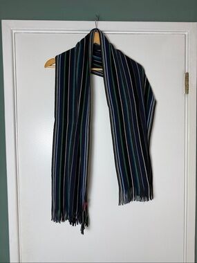 Merona Men's Black Striped Wool Scarf with Blue & Green Accents